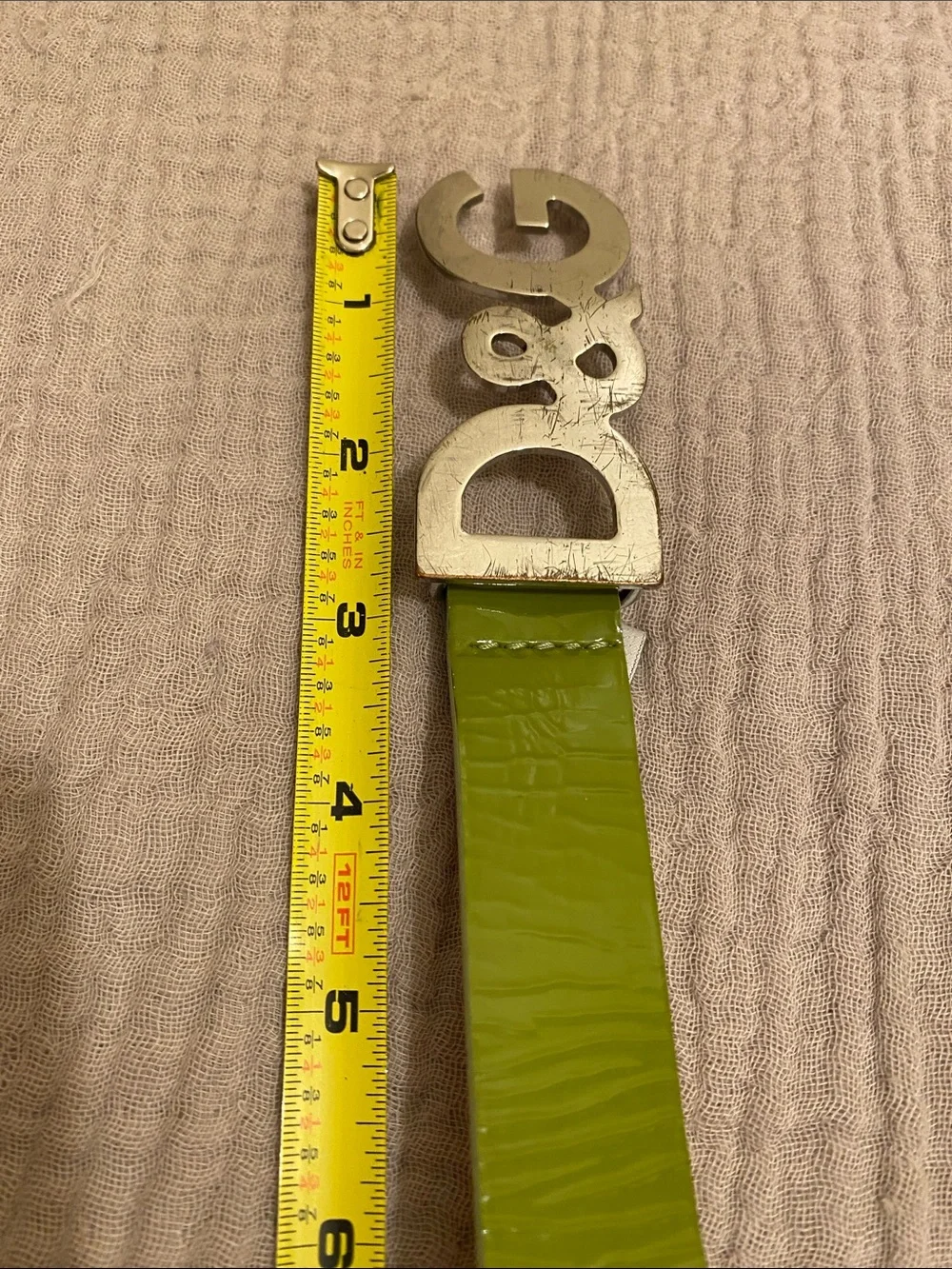 DOLCE & GABBANA D&G Lime Green Leather Belt with Silver Logo Buckle. Size 85